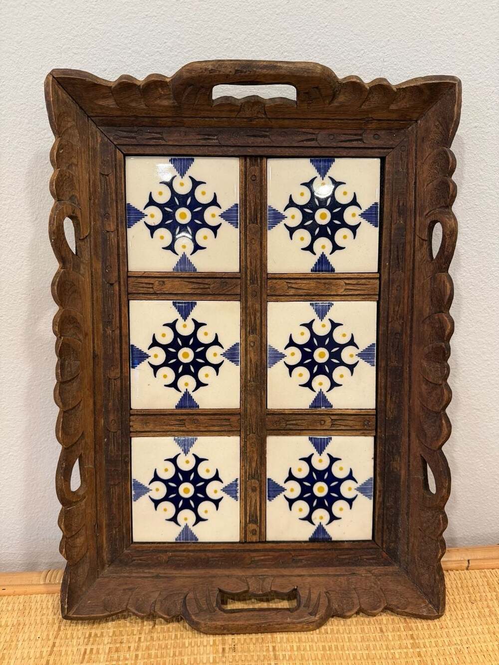 Vintage Mexican Tile Tray Hand Carved Wood Serving Tray 17x11